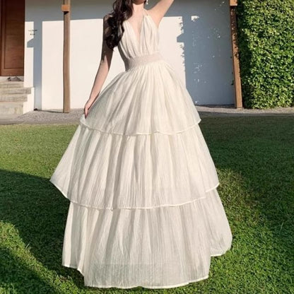 Tiered Plunge Halter V-Neck Open Back A-Line Maxi Dress