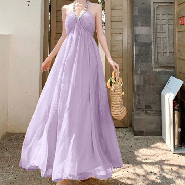 Rhinestone Accent Halter V-Neck Open Back A-Line Maxi Dress