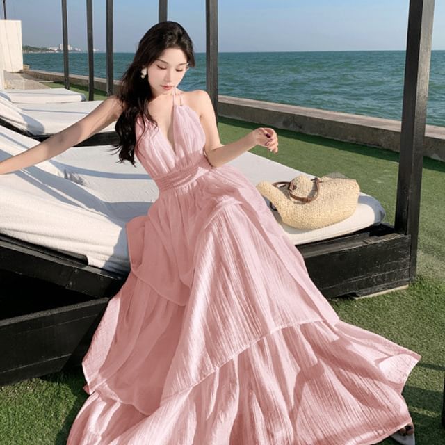 Tiered Plunge Halter V-Neck Open Back A-Line Maxi Dress