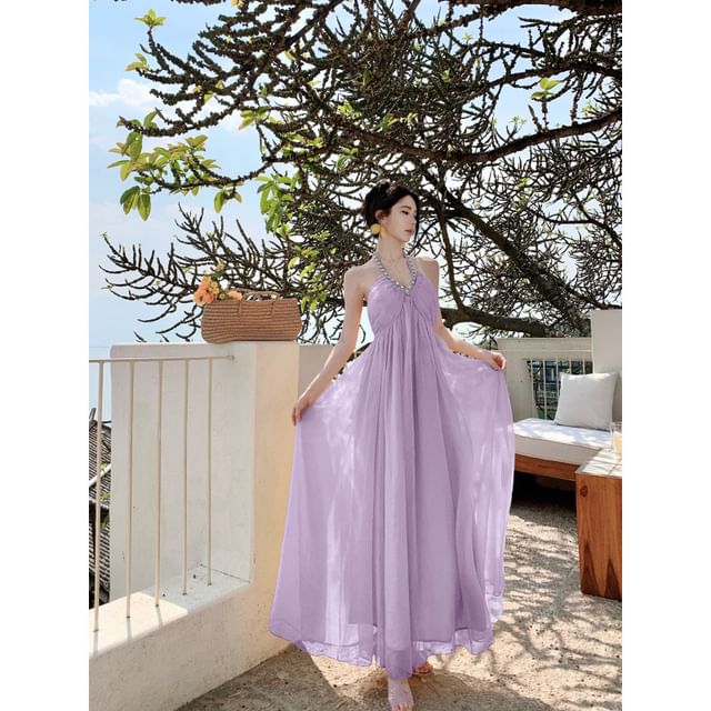 Rhinestone Accent Halter V-Neck Open Back A-Line Maxi Dress