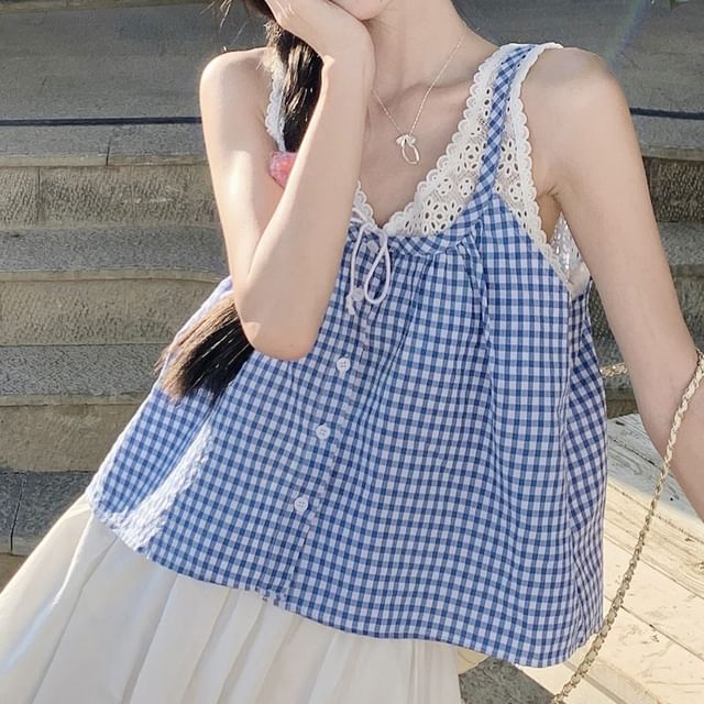 Gingham Button-Up Camisole Sleeveless Lace Trim Maxi Sundress