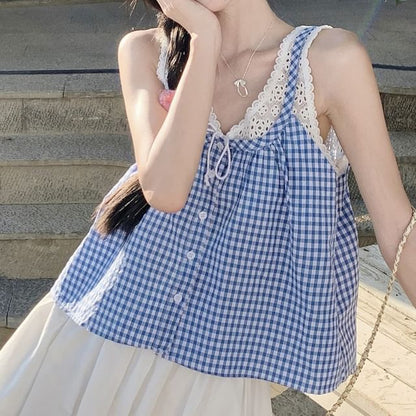 Gingham Button-Up Camisole Sleeveless Lace Trim Maxi Sundress