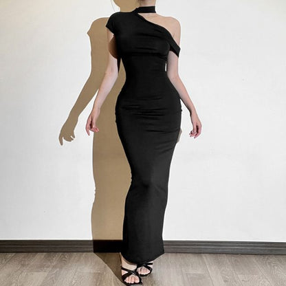 Off-Shoulder Halter Cap-Sleeve Solid Sheath Maxi Dress