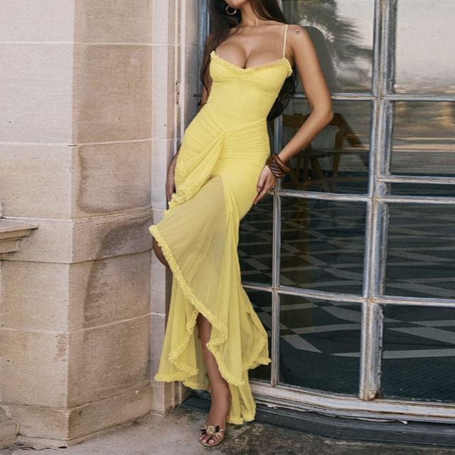 Spaghetti Strap Plain High Low Mesh Maxi Bodycon Dress