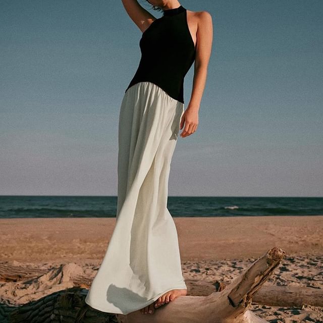 Two-Tone Panel Halter Sleeveless A-Line Maxi Dress