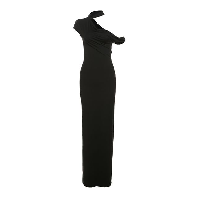 Off-Shoulder Halter Cap-Sleeve Solid Sheath Maxi Dress