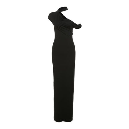 Off-Shoulder Halter Cap-Sleeve Solid Sheath Maxi Dress