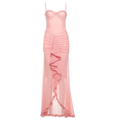 Spaghetti Strap Plain High Low Mesh Maxi Bodycon Dress