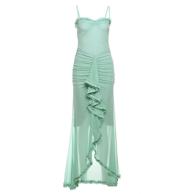 Mesh High Low Spaghetti Strap Solid Bodycon Maxi Dress