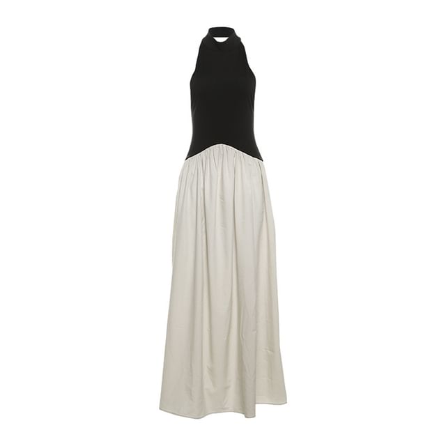Two-Tone Panel Halter Sleeveless A-Line Maxi Dress