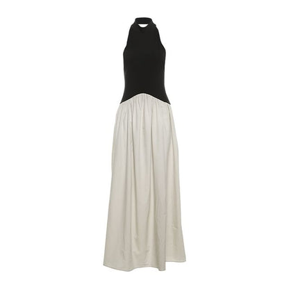Two-Tone Panel Halter Sleeveless A-Line Maxi Dress