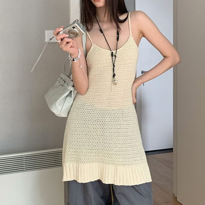 Spaghetti Strap Plain Pointelle Mini Sheath Knit Dress