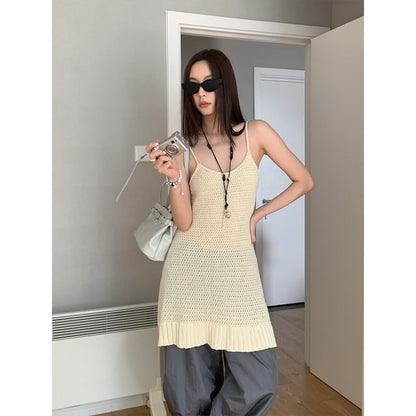 Spaghetti Strap Plain Pointelle Mini Sheath Knit Dress