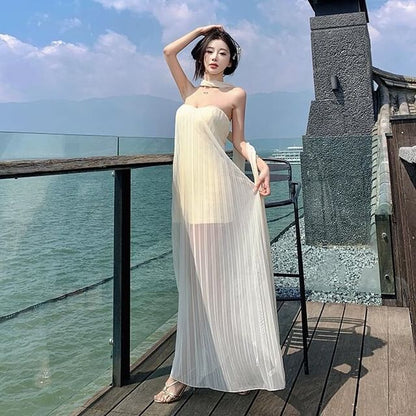 Pleated Tube A-Line Solid Maxi Dress