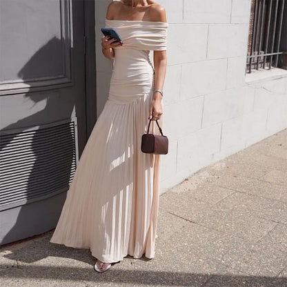 Ruched Off-Shoulder Solid A-Line Maxi Dress