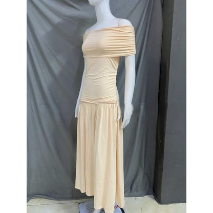 Ruched Off-Shoulder Solid A-Line Maxi Dress