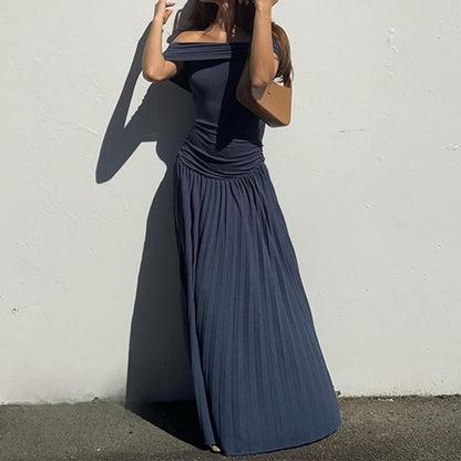 Ruched Off-Shoulder Solid A-Line Maxi Dress