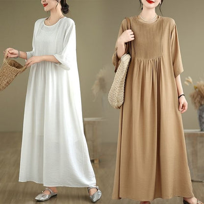 Pintuck Elbow Sleeve Round Neck A-Line Maxi Dress