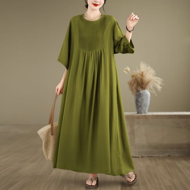 Pintuck Elbow Sleeve Round Neck A-Line Maxi Dress
