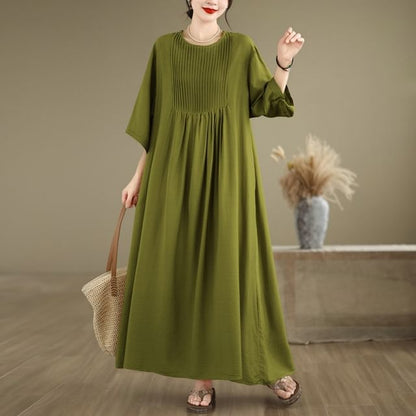 Pintuck Elbow Sleeve Round Neck A-Line Maxi Dress