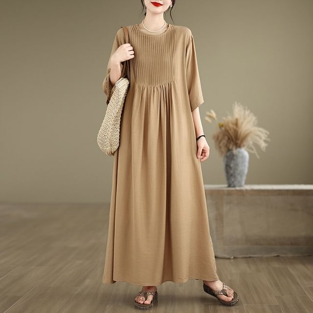 Pintuck Elbow Sleeve Round Neck A-Line Maxi Dress