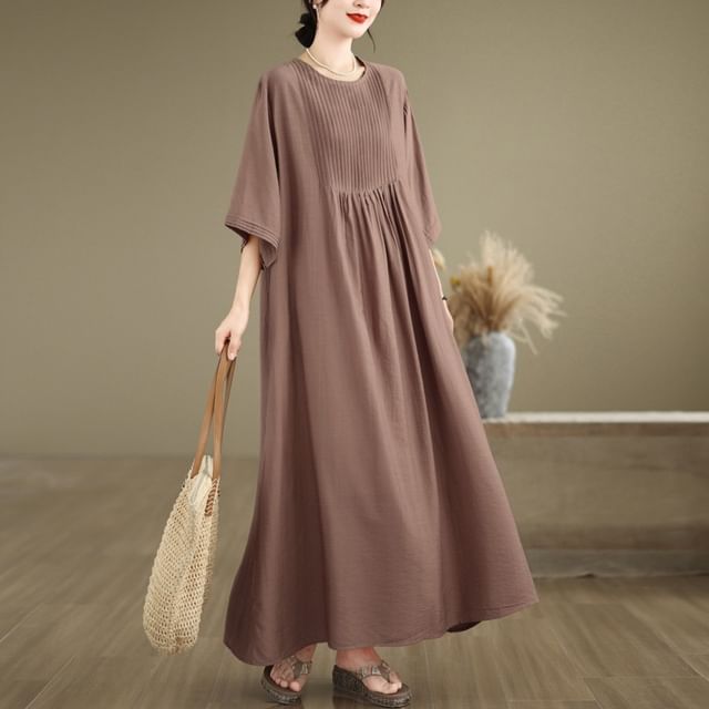 Pintuck Elbow Sleeve Round Neck A-Line Maxi Dress