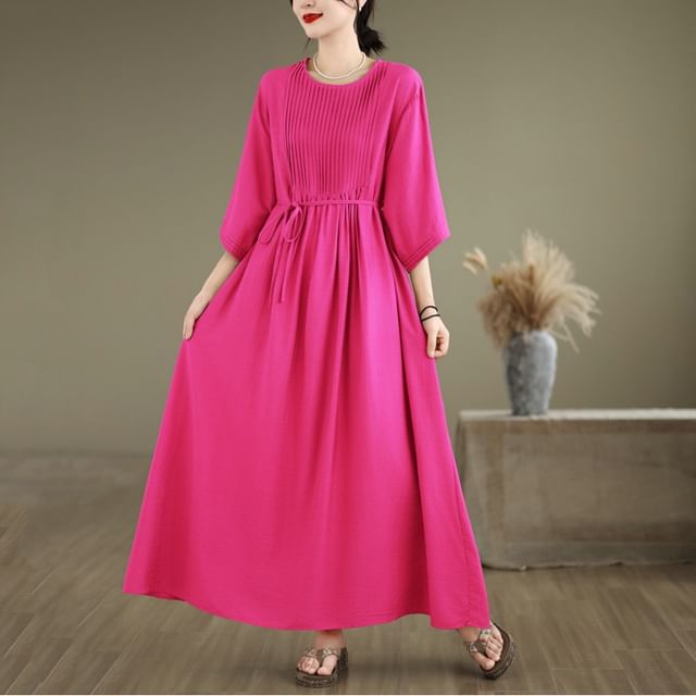 Pintuck Elbow Sleeve Round Neck A-Line Maxi Dress