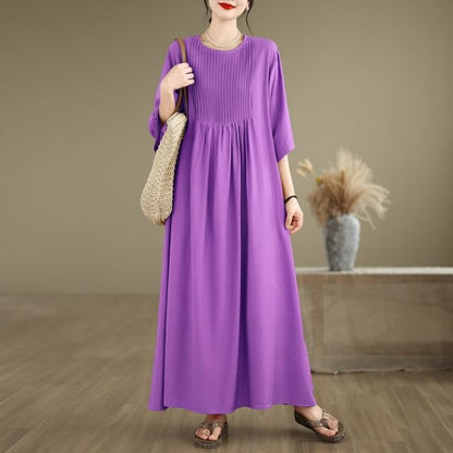 Pintuck Elbow Sleeve Round Neck A-Line Maxi Dress
