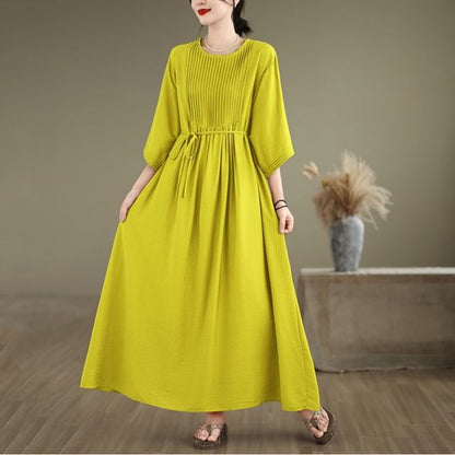 Pintuck Elbow Sleeve Round Neck A-Line Maxi Dress