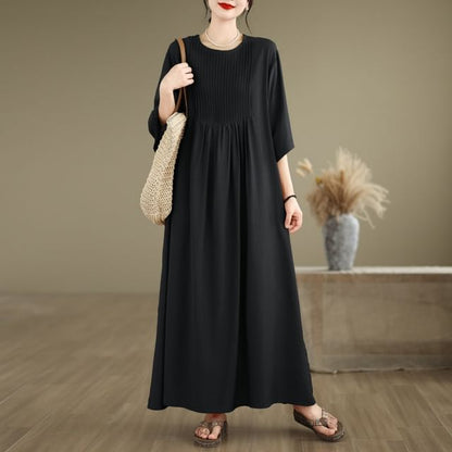 Pintuck Elbow Sleeve Round Neck A-Line Maxi Dress