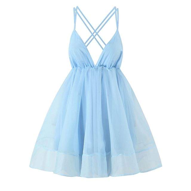 Spaghetti Strap V-Neck Plain Mini A-Line Dress