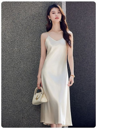 Spaghetti Strap V-Neck Plain Midi A-Line Dress
