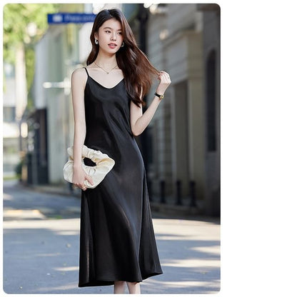 Spaghetti Strap V-Neck Plain Midi A-Line Dress