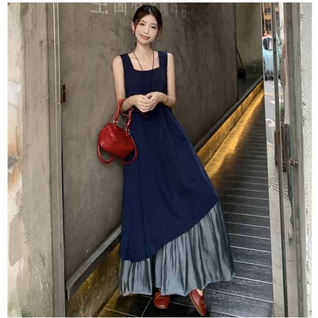 Square Neck Ruffle Hem Sleeveless A-Line Maxi Dress