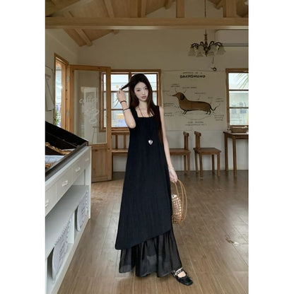 Square Neck Ruffle Hem Sleeveless A-Line Maxi Dress