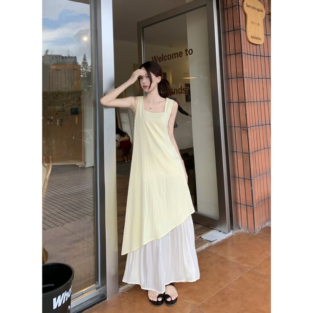 Square Neck Ruffle Hem Sleeveless A-Line Maxi Dress