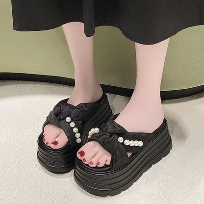 Faux Pearl Knotted Platform Slide Sandals