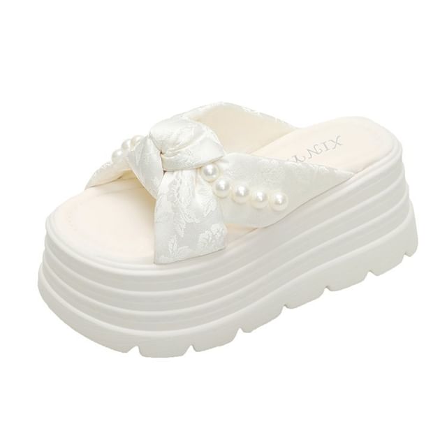 Faux Pearl Knotted Platform Slide Sandals