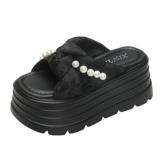 Faux Pearl Knotted Platform Slide Sandals