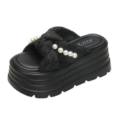 Faux Pearl Knotted Platform Slide Sandals