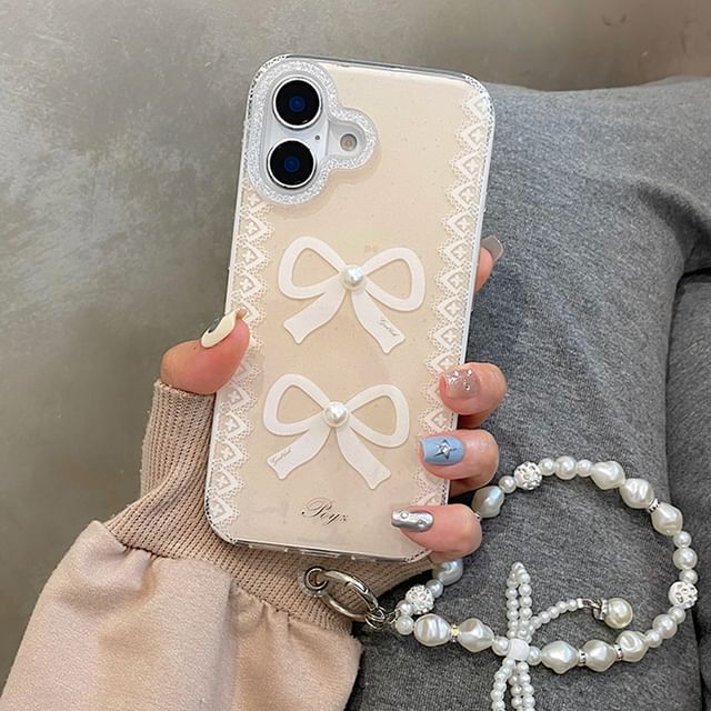 Lace Print Phone Case / Faux Pearl Strap / Set