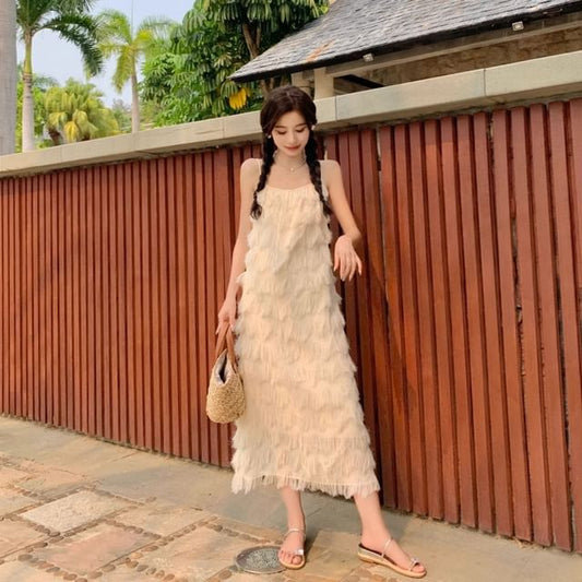 Spaghetti Strap Plain Fringe Maxi A-Line Dress