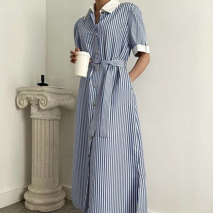 Striped A-Line Shirt Dress, Short Sleeve Maxi