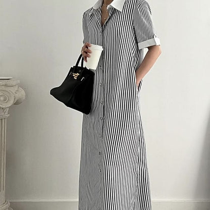 Striped A-Line Shirt Dress, Short Sleeve Maxi