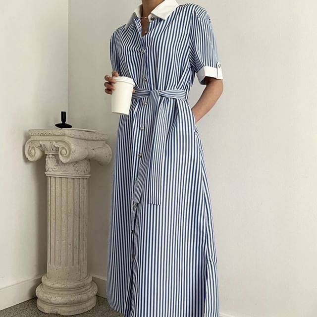 Striped A-Line Shirt Dress, Short Sleeve Maxi