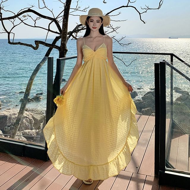 Spaghetti Strap Gingham Asymmetrical Ruffle Trim Maxi A-Line Dress
