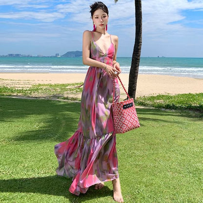 Tie-Dye Open Back Spaghetti Strap A-Line Maxi Sundress