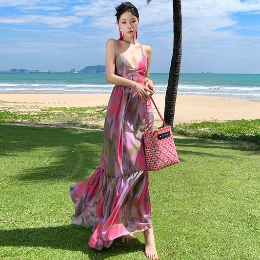Tie-Dye Open Back Spaghetti Strap A-Line Maxi Sundress