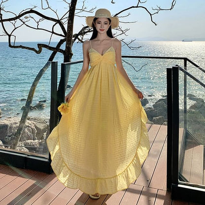 Spaghetti Strap Gingham Asymmetrical Ruffle Trim Maxi A-Line Dress