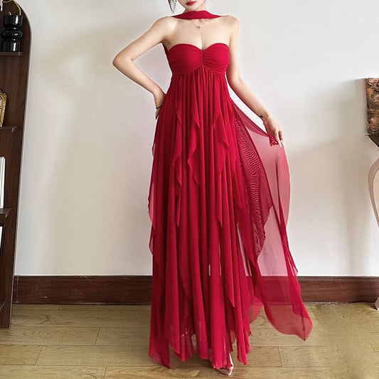 Asymmetric Open-Back Maxi Dress, Sleeveless